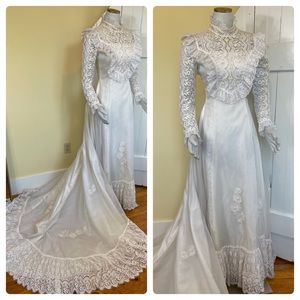VINTAGE 1970s Wedding Dress: Full Train, Lace Trim, Pearl Embellished